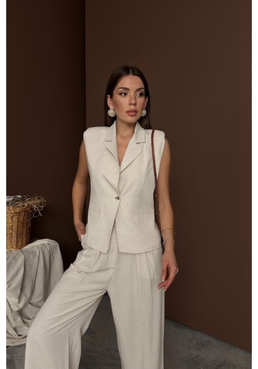 Sensuelle Bej Keten Yelek Pantolon Takım Bej