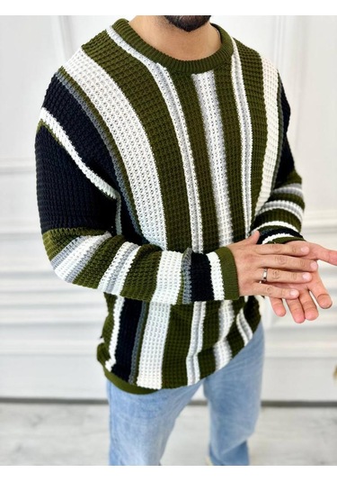 Kazak Oversize Renkli Örgü Desenli Naturel Pamuk Bol Kesim Salaş Triko Kazak Siyah