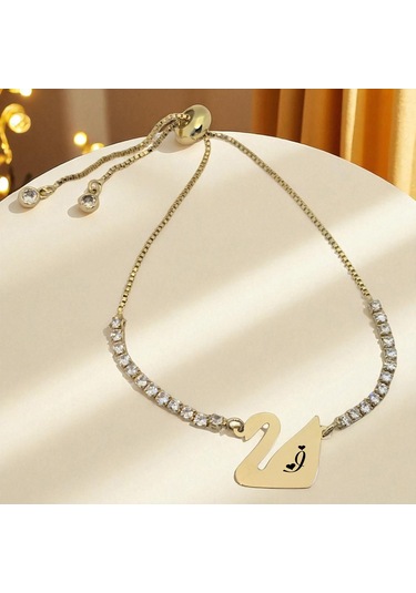 Archin İ Harfine Özel 14 Ayar Altın Plakalı Beyaz Taş Detaylı Kuğu Kuşu Motifli Hediye Bileklik-601harf İ