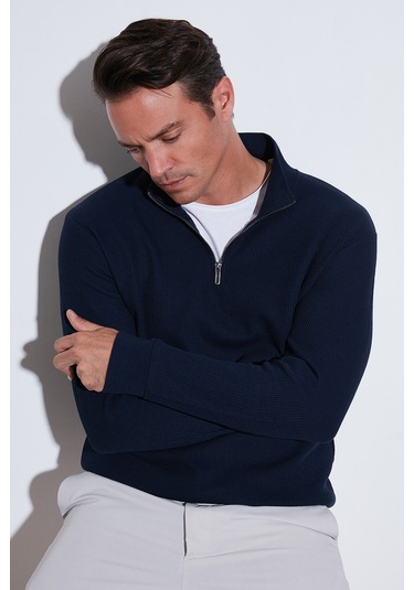 Buratti Pamuklu Regular Fit Yarım Fermuarlı Dik Yaka Erkek Sweat 5905716 Koyu Lacivert