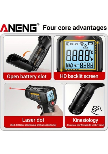 Honeybeeshop Aneng Th202 Kırmızı Termometre Higrometre Temassiz Algılama -50-600 C Sicaklik Tabancasi Lcd Ekran Pilsiz