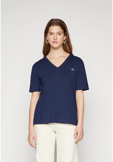 Lacoste Kadın V Yaka T-shirt Classic Logo Nakış Lacivert