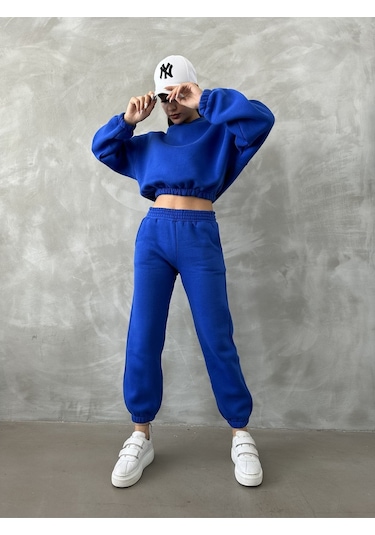 Kadın Pamuklu İçi Polarlı Basic Eşofman Takımı Saks