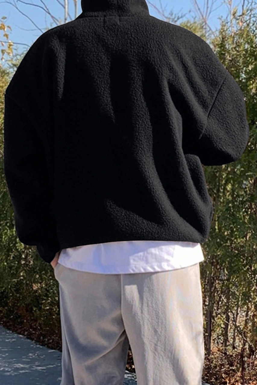 Ghassy Co. Erkek Ultra Isı Peluş Sherpa Oversize Yarım Metal Fermuar Lastik Ayarlı Polar Sweatshirt Siyah