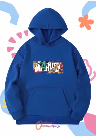 Çocuk Unisex Marvel Baskılı Oversize Kapüşönlü Sweatshirt Saks Mavisi