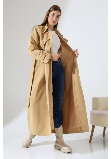 Amazon Keten Kumaş Uzun Boy Düğmeli Astarlı Yumuşak Dokulu Trenç Kot Camel CAMEL