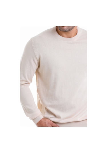 Hatemoğlu Erkek Regular Fit Düz Bisiklet Yaka Pamuklu Triko Kazak Bej Bej - Beyaz