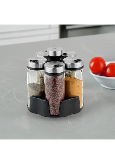 Nehir 6 Parça Borosilikat Döner Standlı Baharatlık Seti Gri
