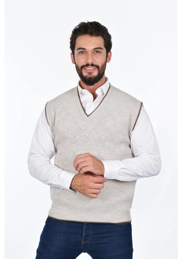 Kamalı Krem Erkek Çelik Örgü Intersiye Kışlık Kalın Triko V Yaka Triko Örgü Tüylenmez Süveter Taş