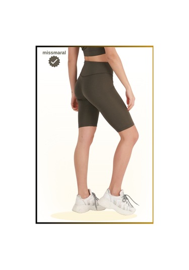 Kadın Haki Yüksek Bel Toparlayıcı Kısa Spor Tayt Biker Şort Basics Casual & Comfort 1070 Haki