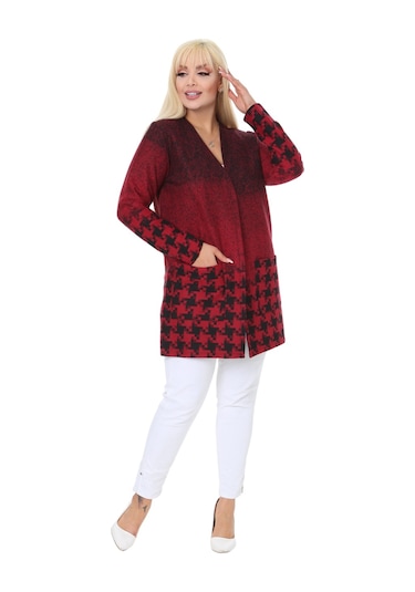 Melsay Butik Kırmızı Kazayağı Desen Kısa Büyük Beden Kadın Hırka Kırmızı