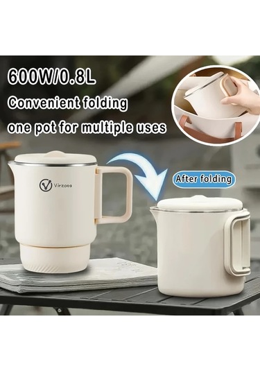 Elmpaly Katlanır Seyahat Su Isıtıcısı, 600w Mini Elektrikli Çaydanlık, 110-120v, Bej-1pc