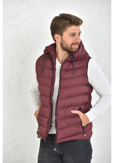 Erkek Bordo Jel Dolgu Çıkarılabilir Fermuarlı Kapüşon Şişme Yelek
