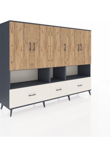 Hyperion Dolap 12 Raflı 3 Çekmeceli 5 Kapaklı 220x44x163 Antrasit Antrasit-çam/aytaşı