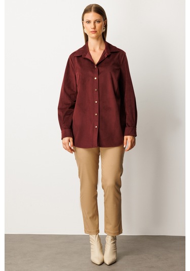 Ekol Kadın Büyük Beden İnce Fitilli Kadife Gömlek 3545 Bordo Bordo