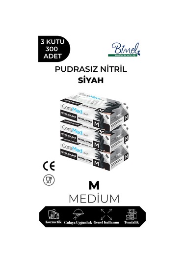 Nitril Siyah Pudrasız Muayene Eldiveni M - 3 Paket 100 Lü