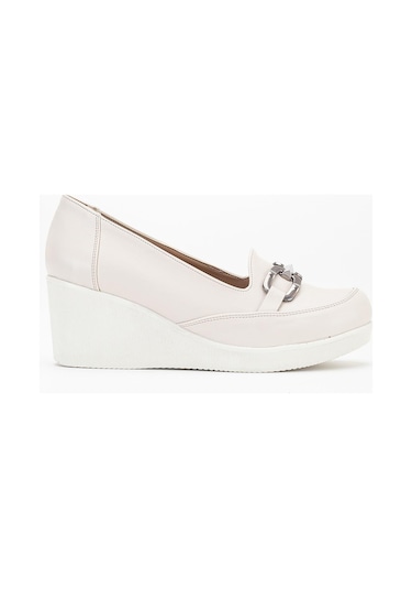 Kadın Dolgu Topuklu Ayakkabı Bej Yüzlü Tokalı-3812 Bej