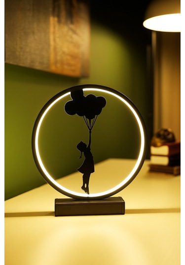 Balonla Uçan Kız Figürlü Kablolu Led Masa Lambası Sanatsal Dekoratif Gece Işığı Balonkız