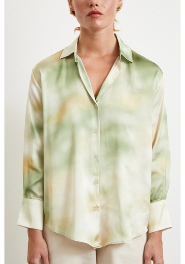 Ebruli Desen Saten Gömlek Yeşil Yeşil