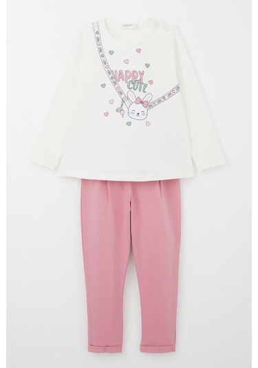 Breeze Kız Bebek Taytlı Takım Mutlu Tavşancık Baskılı Kalpli 9 Ay-3 Yaş, Ekru Ekru