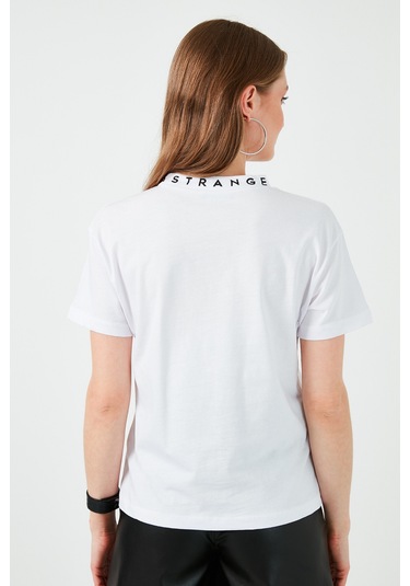 Lela Yakası Baskılı Bisiklet Yaka Basic Örme Bayan T Shirt 5864054 Beyaz
