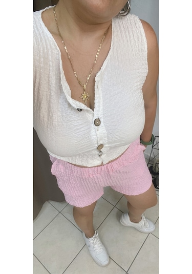 Tuba Toptaş Gofre Şort Lastikli Bel Pembe