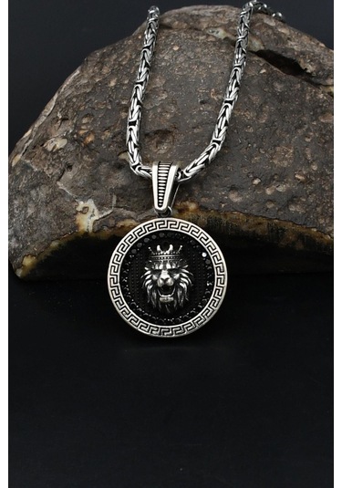 Grek Desenli Kral Taclı Aslan Figürlü 925 Ayar Gümüş Kolye Kral Zincir 2mm 901862