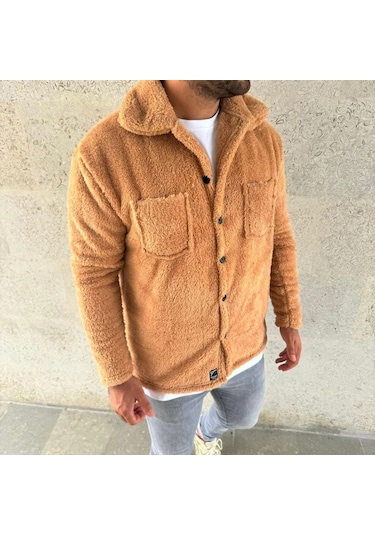 Erkek Pelüş Polar Hırka Gömlek Yakalı, İlik Düğmeli, Göğüs Cepli, Yumuşak Dokulu Kışlık Regular Fi Açık Kahve