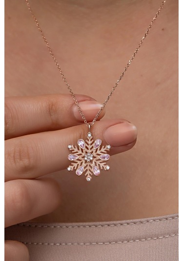 Nereze 925 Ayar Gümüş Rose Kaplama Pembe Taşlı Kartanesi Kolye