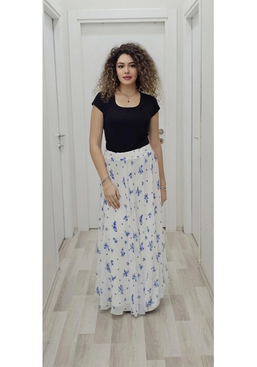 Bel Lastikli Kloş Şifon Etek 6003-beyaz/mavi Beyaz/mavi Beyaz - Mavi
