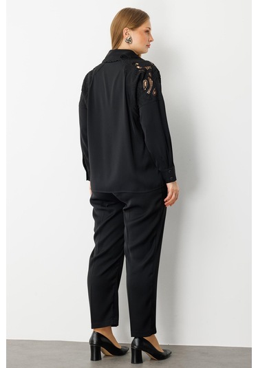 Moda İlgi Kadın Büyük Beden Nakış Detaylı Oversize Gömlek 0041 Siyah Siyah