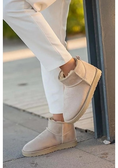 Pierre Cardin 52126 Süet İçi Kürklü Mini Boy Bilekte Kısa Kadın Bot Bej