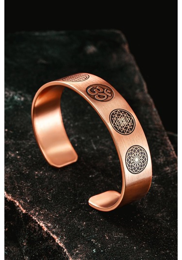 Erkek Bakır Bileklik - Yaşam Çiçeği - Lotus - Sri Yantra - Om Sembolü - Erkek Bakır Kelepçe Bileklik Rose Gold