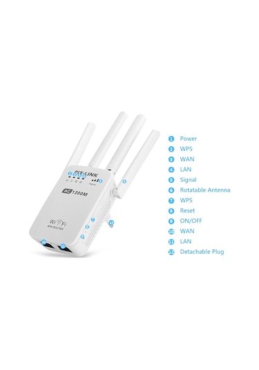 Xindoker Pıx-lınk Ac05 1200mbps Çift Frekanslı 2.4g/5g Wifi Sinyal Güçlendirici, 4 Dış Anten, Ethernet Port, Plug&play, Avrupa Standartı