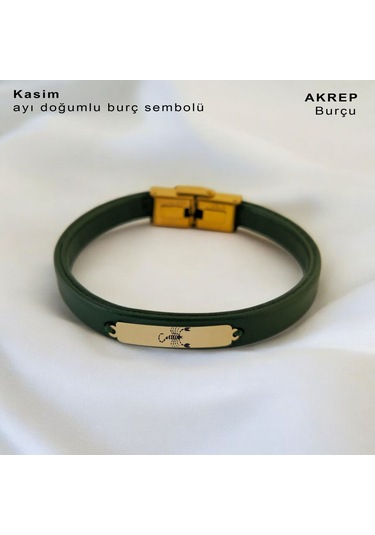 Archin Akrep Burçlarına Dikdörtgen Motifli Yeşil Derili 14 Ayar Altın Plakalı Hediye Bileklik-371burç Akrep