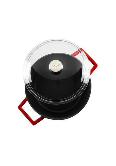 Lava Döküm Yuvarlak Tencere Çap Ø 24cm. Cam Kapaklı. Glaze Kırmızı Kırmızı