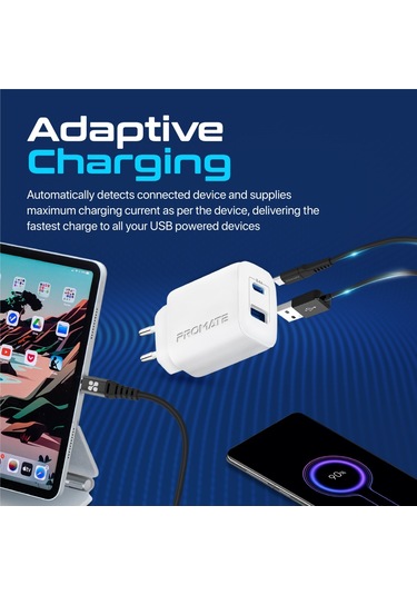 Promate BiPlug-2 17W Yüksek Hızlı Şarj Cihazı, Type-C, USB Beyaz
