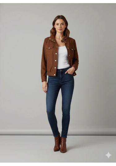 Kadın Taba Zarif Kısa Ceket Toka Detaylı Dik Yaka Cepli Süet/kaşe Baharlık Ceket Kahve