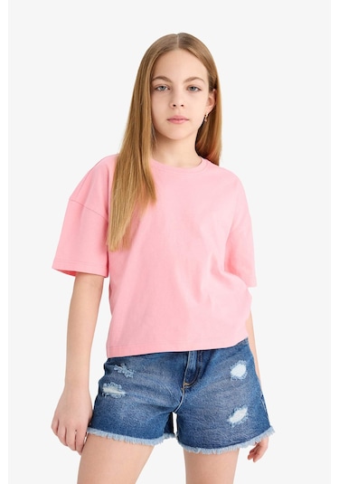 Defacto Kız Çocuk Relax Fit Bisiklet Yaka Basic Düz Kısa Kollu Tişört Z5095a625smpn323 Pembe
