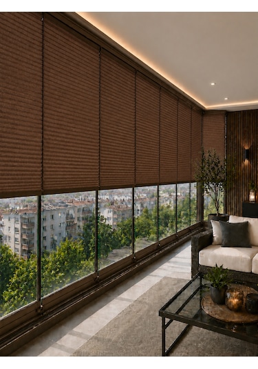 Plise Perde Kahverenk Kumaş + Bronz Profil Kasa Cam Balkon Perdesi
