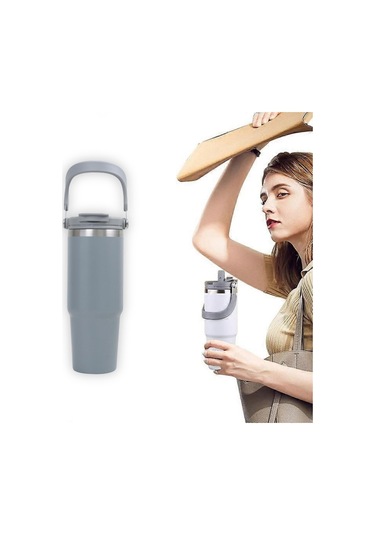 Pipetli Termos Bardak 900 Ml Paslanmaz Çelik -çift Kullanımlı Kapak Gri
