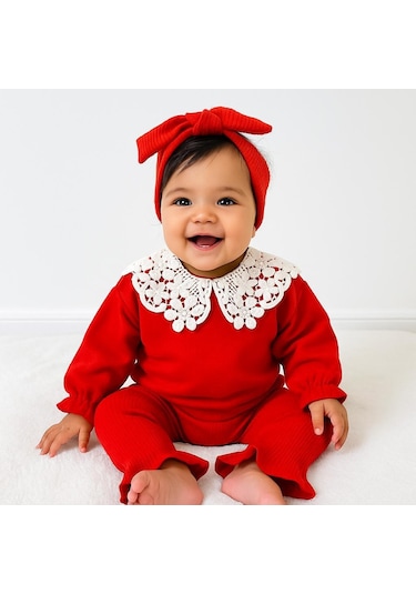 Çiçek Fisto Yaka Detay Fitilli Tayt Mevsimlik 3 Parça Set Kırmızı