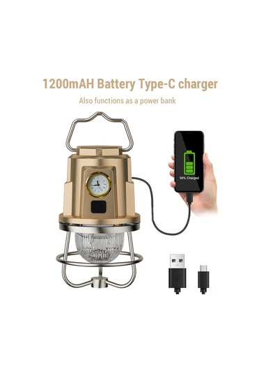 Ranyeek "şarj Edilebilir Kamp Feneri - Ipx4 Su Geçirmez, Ayarlanabilir Parlaklık, 1200mah Batarya, Power Bank Özellikli" Altın
