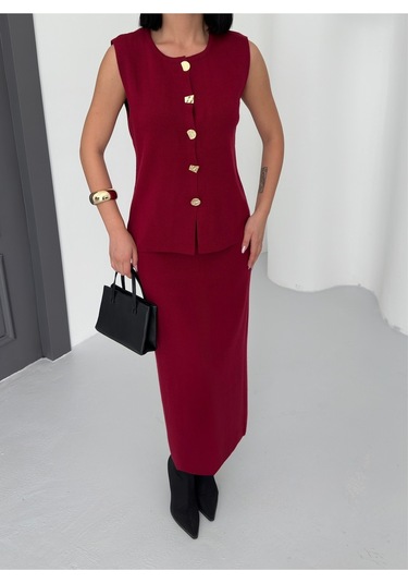 Kadın Düğme Detaylı Yelek Uzun Etek Alt Üst Triko Takım Bordo