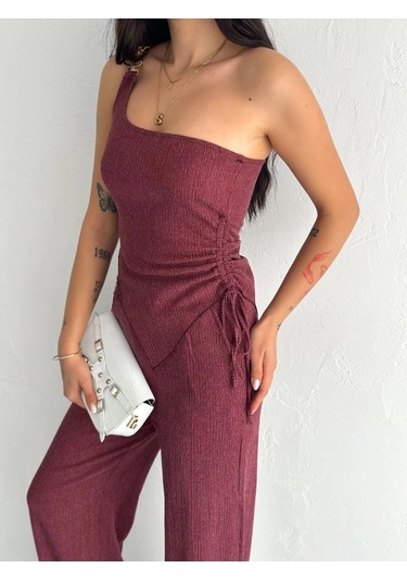 Asimetrik Crop Pantalon İkili Takım - Gül Kurusu Çok Renkli