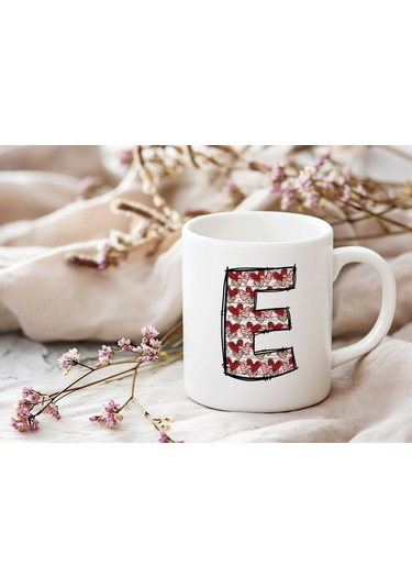 E Harfi Aşk Temalı Kupa - Kalp Desenli Kişiye Özel Romantik Sevgililer Günü Kahve Kupası Beyaz