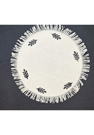 %100 Pamuklu Ham Keten Pamuk Püsküllü Minik Desen Taş Baskı 6' Lı Amerikan Servisi Supla Yuvarlak 40cm Naturel