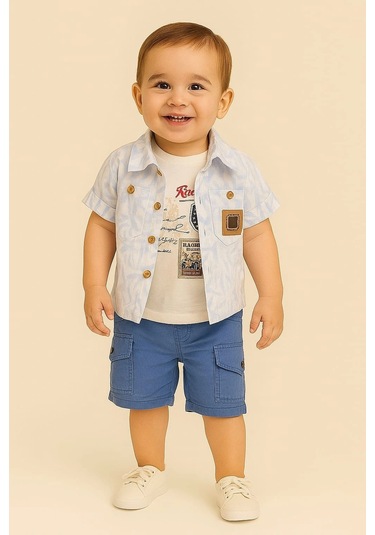 Yandan Cepli Kapri Gömlekli 3'lu Takım Mavi