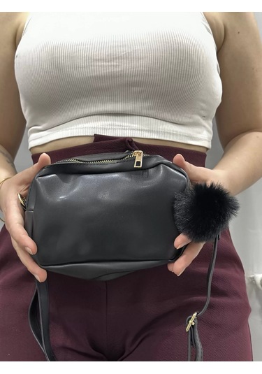 Biçomi Ponpon Siyah Cilt Çanta Siyah