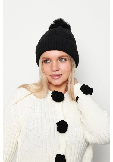 Kalın Ponponlu İçi Yünlü Kadın Bere 1140 Rkş-17 Siyah Siyah